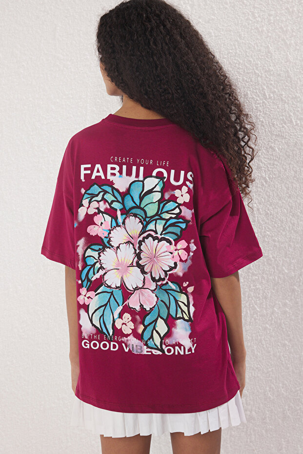 Koyu Vişne Slogan ve Çiçek Baskılı Oversize/Geniş Kalıp Örme T-Shirt TWOSS24TS00183 - 4