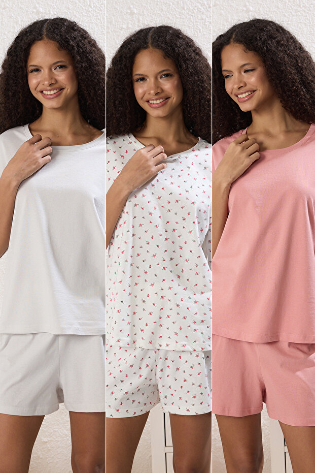 Çok Renkli 3'lü %100 Pamuklu Çiçekli Şortlu Örme Pijama Takımı THMSS25PT00419 - 1