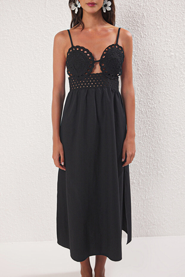 Siyah Dokuma Dantel Maxi Plaj Elbise TBESS25EL00058 - 3