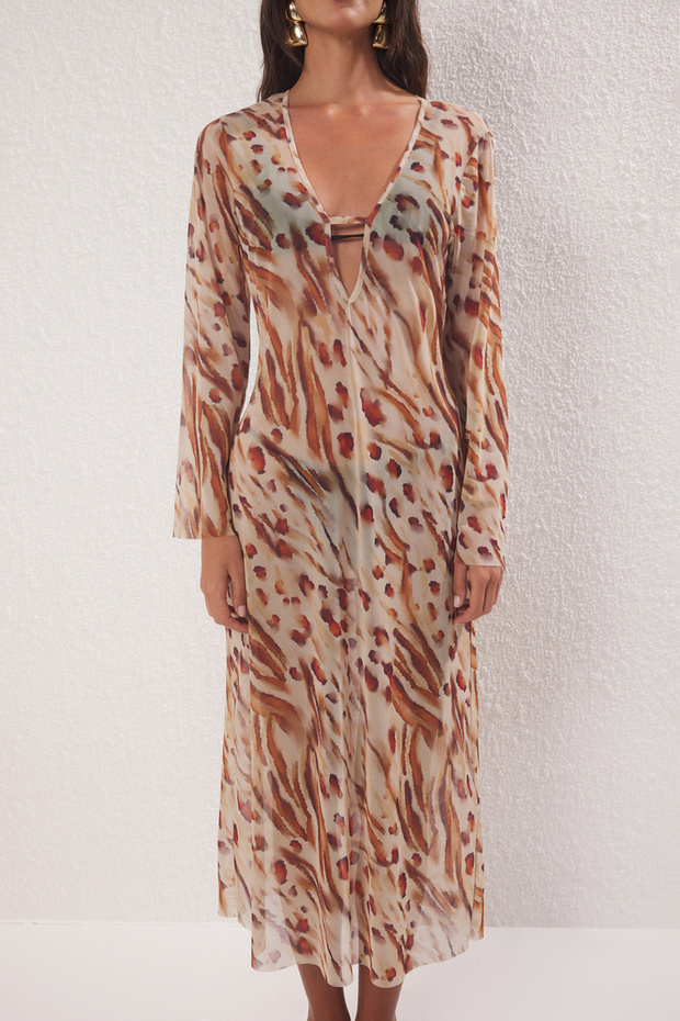 Leopar Desenli Örme Cut Out Detaylı Maxi Plaj Elbise TBESS25EL00116 - 3