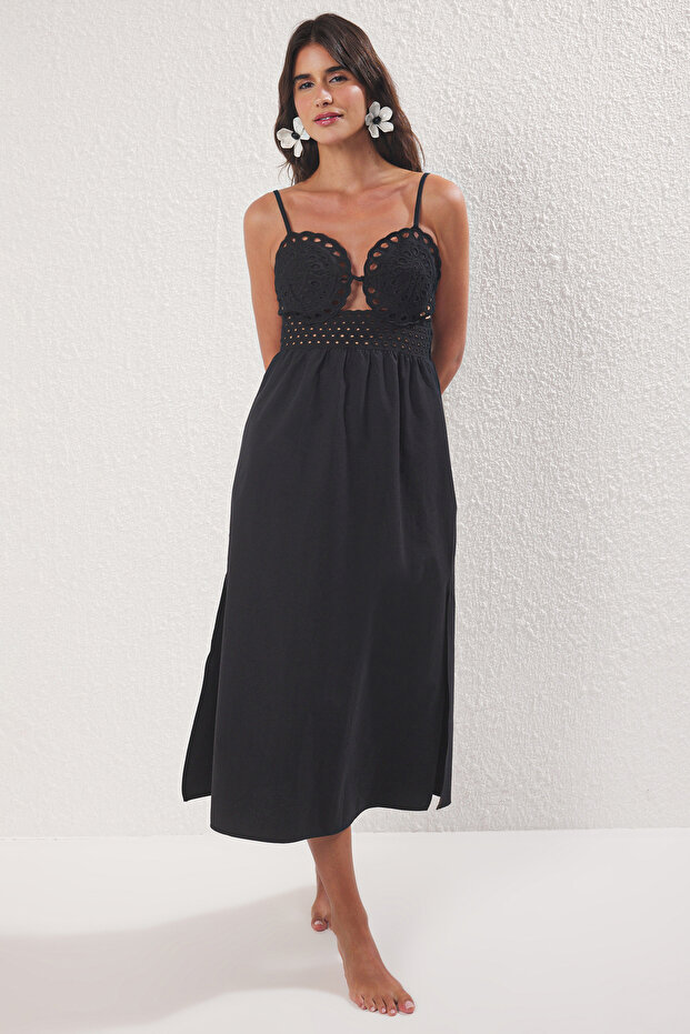 Siyah Dokuma Dantel Maxi Plaj Elbise TBESS25EL00058 - 1