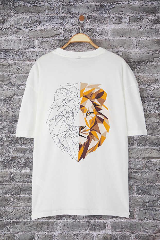 Ekru Oversize/Geniş Kesim Sırt Aslan Baskılı %100 Pamuk T-Shirt TMNSS25TS00117 - 4