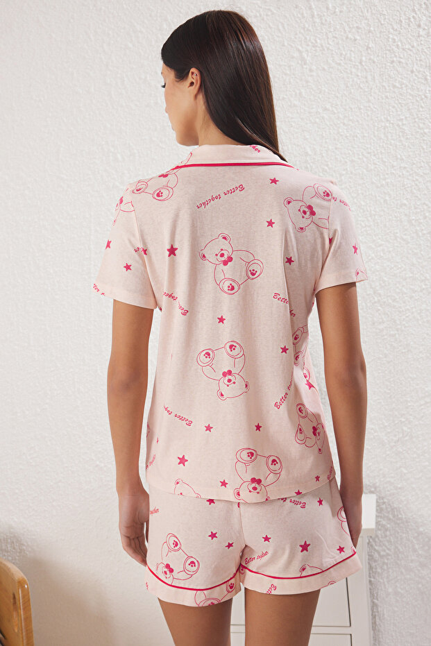 Pembe %100 Pamuklu Ayıcıklı Şortlu Örme Pijama Takımı THMSS25PT00427 - 5