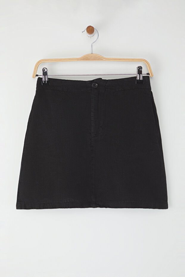 Siyah %100 Keten Mini Etek TWOSS25ET00142 - 4