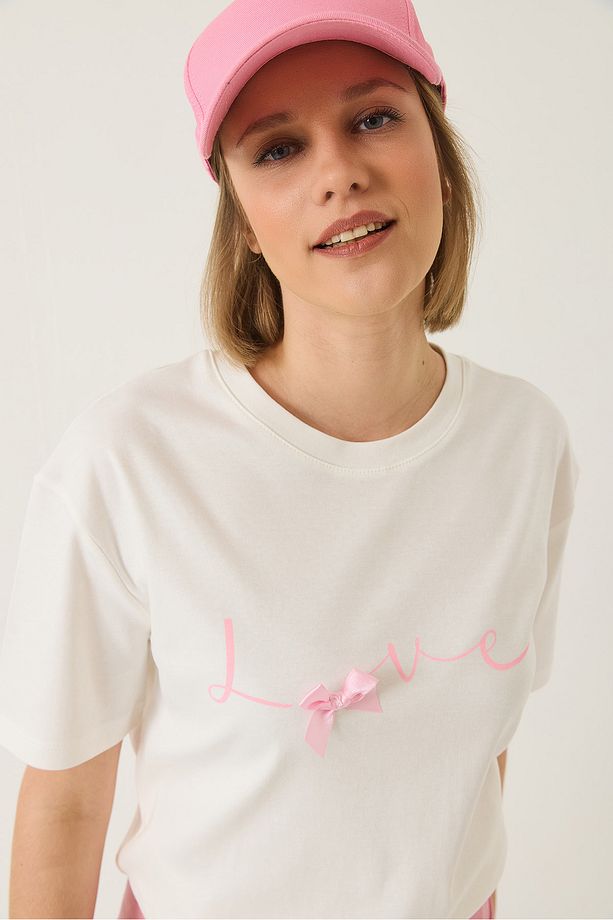 Kadın Love Baskılı Kurdele Detaylı Normal Kalıp Pamuklu T-Shirt 60283208 - 6