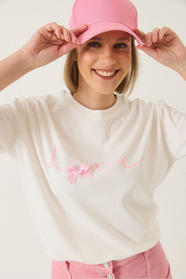 Kadın Love Baskılı Kurdele Detaylı Normal Kalıp Pamuklu T-Shirt 60283208 - 5
