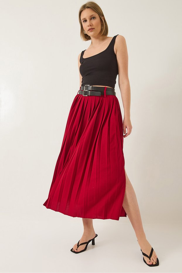 Women's Burgundy Double Belted Pleated Long Skirt with Slit Detail 7167 60283219