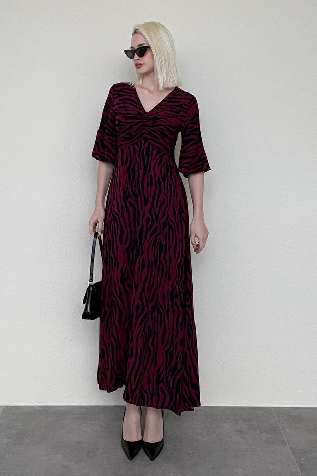 Burgundy Zebra Patterned V-Neck Half Sleeved Dress Mg2394