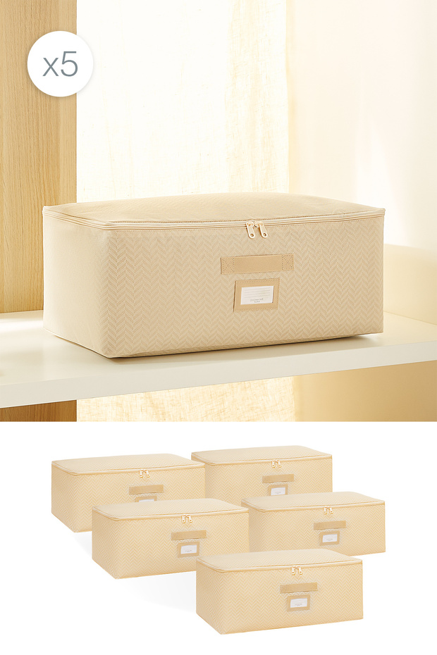 Ocean Home Textile 5 Adet Orta Boy Bej Balıksırtı Baza Altı Kazak Pike Battaniye Hurcu 52x28x21