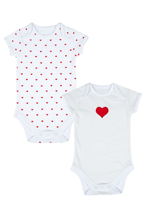 100% Cotton Heart Printed 2-Piece Baby Girl Bodysuit - White