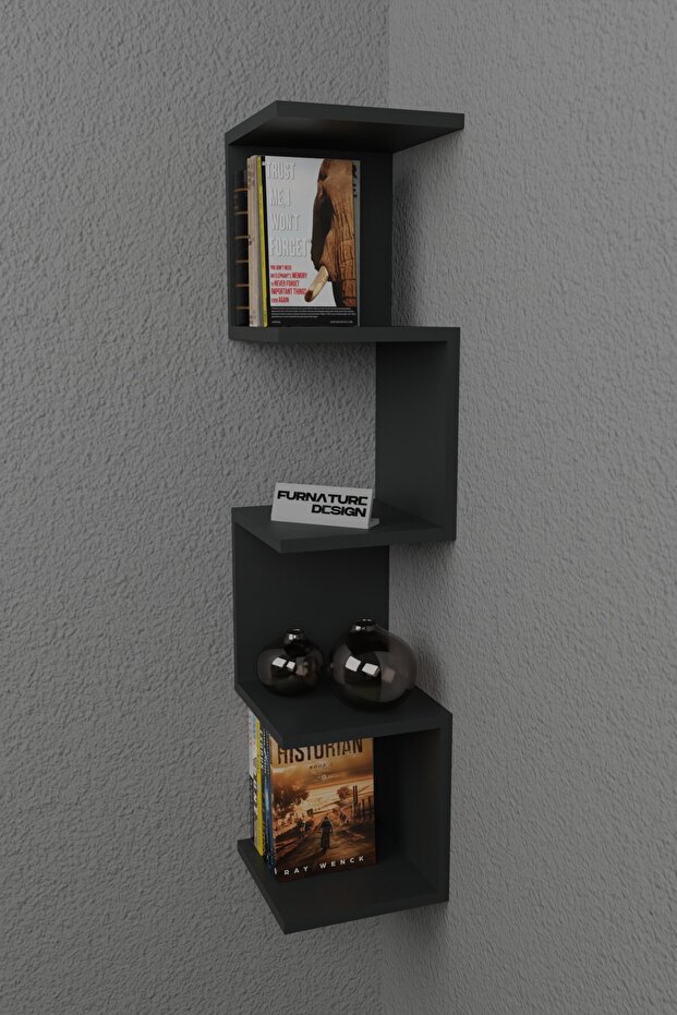 Zigzag Köşe Raf Kitaplık Duvar Rafı Antrasit - 2