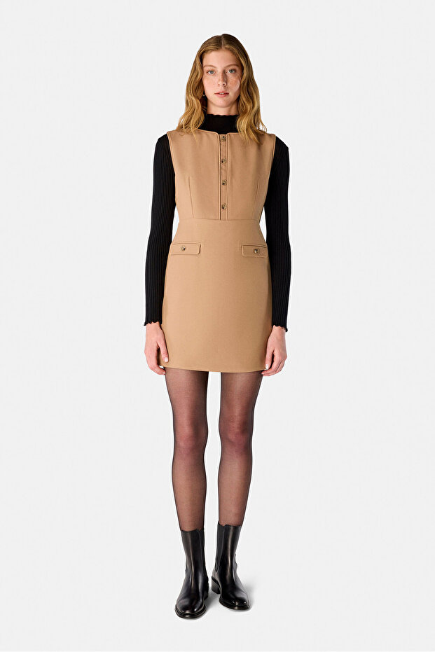 BEJ MİNİ O YAKA ELBİSE - 5