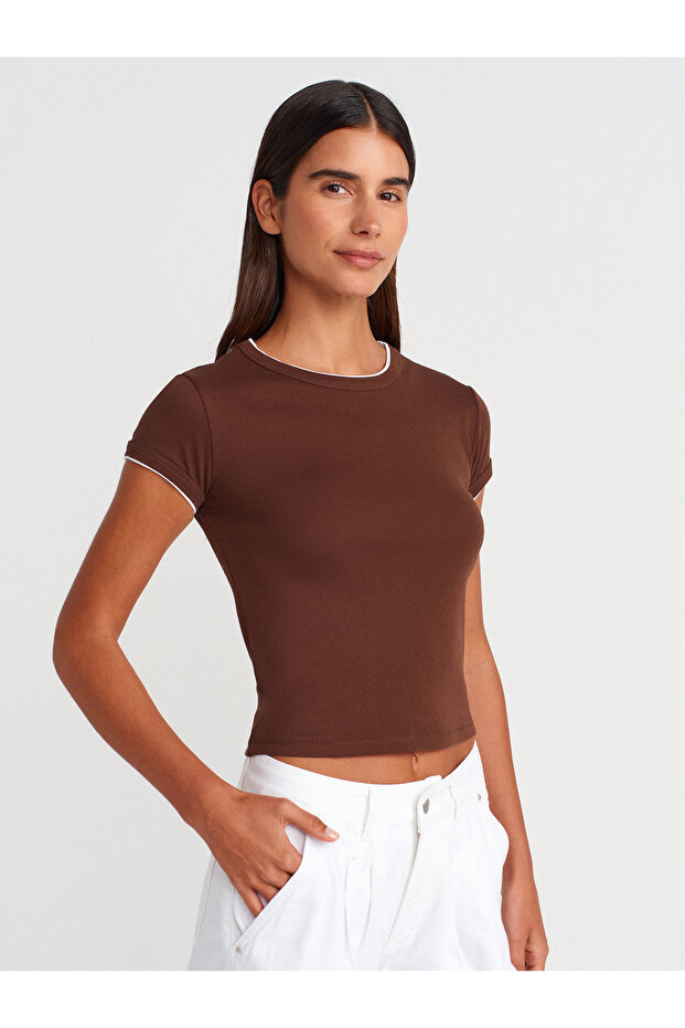31750 100% Cotton Contrast Short Sleeve T-Shirt-Light Brown