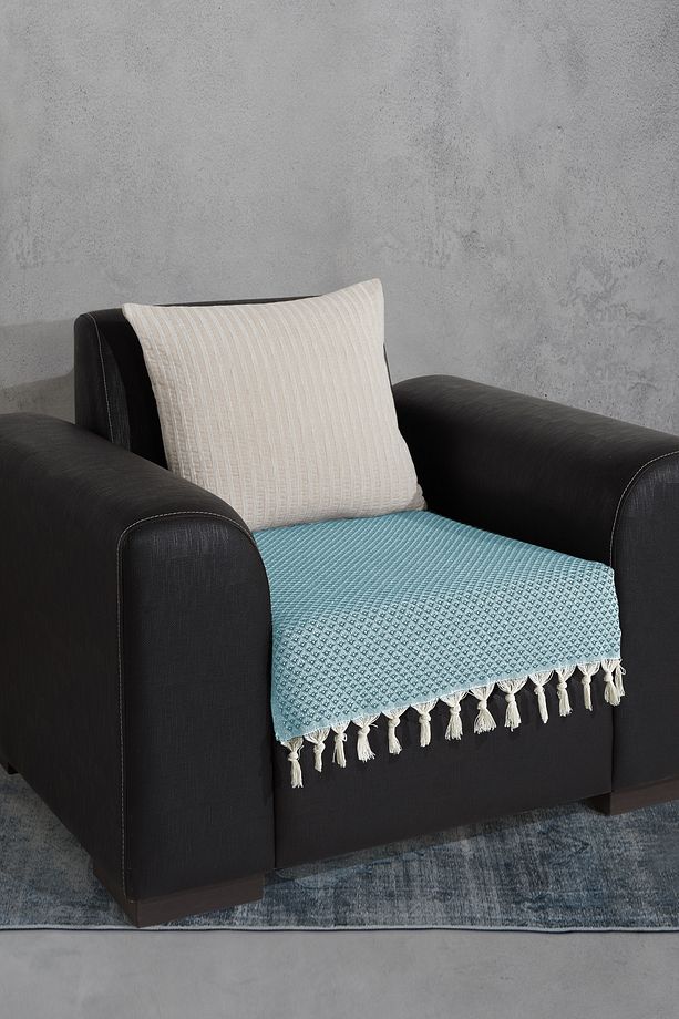 Oturma Yerini Kapatan Saçaklı Koltuk Örtüsü %100 Pamuk Berjer Örtüsü Ve Şalı 70x95 Cm Petrol Mavisi - 1