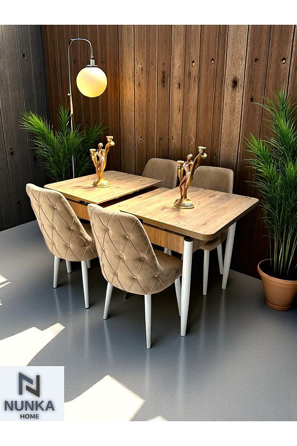 Ceviz Kelebek Açılır Yemek Masası Takımı 4 Kişilik Baybface Kumaş Sandalye Modern Şık Tasarım - 2
