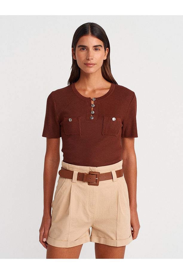 71635 Beli Lastikli Kemerli Şort-Camel - 4