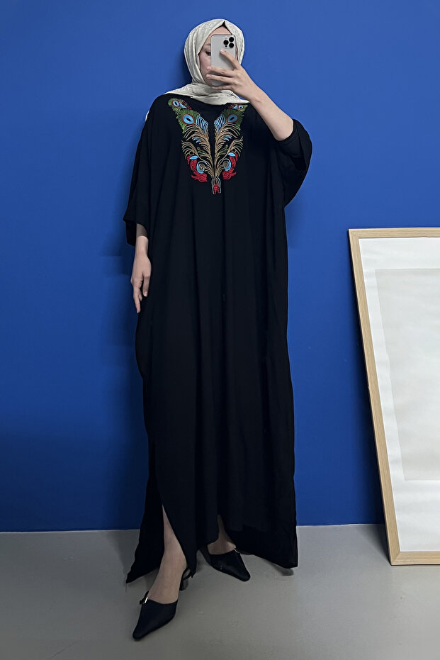 Sima Color Neck Embroidered Dress Sk-8404