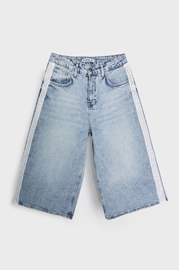 Kadın Ice Kot Rengi D-4S5-3 Süper Baggy Fit Dantel Şeritli Maxi Boy Denim Şort - 3