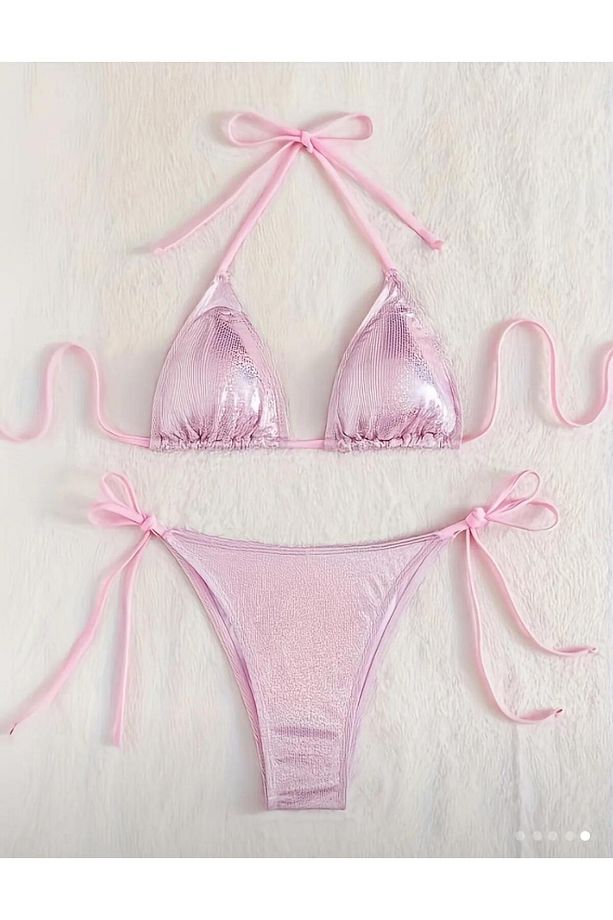 Seksi Polyester Yüksek Esneklikli Düz Renk Kolsuz Bikini Setleri, Konvansiyonel Alt, Örgü Kumaş, - 3