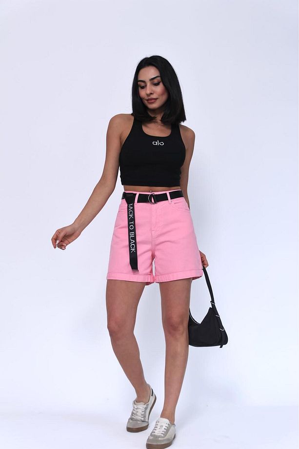 DUBLE PAÇA PEMBE KEMERLİ ŞORT - 6