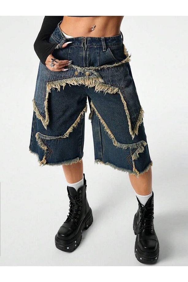 Stars Patch Detaylı Kot Pantolon Kadın Şort - 5