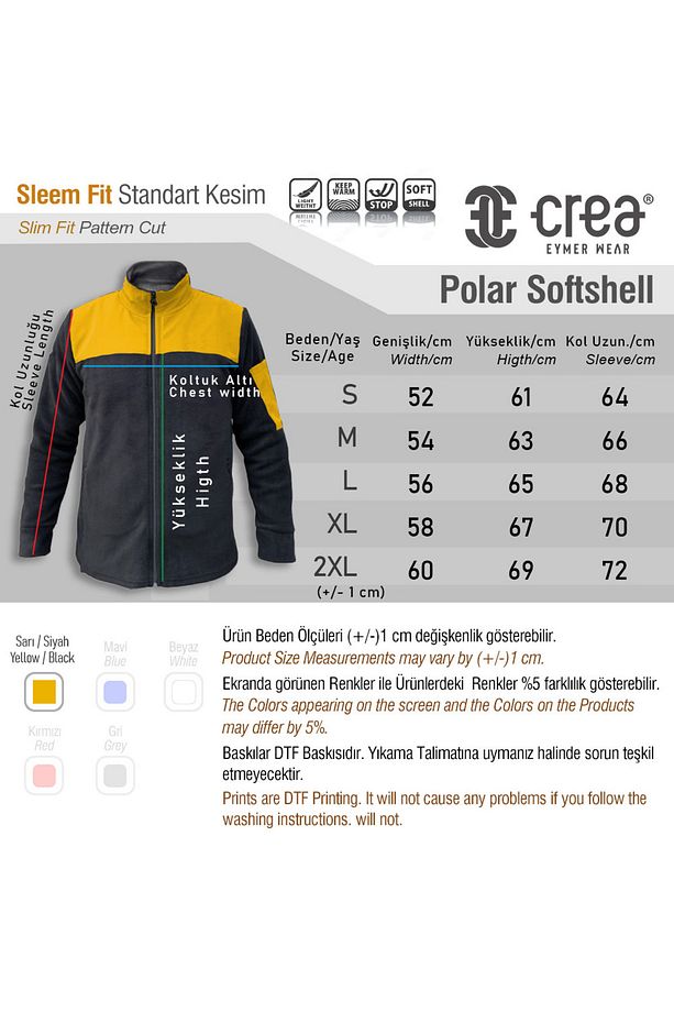 Türk Ayyıldız Kartal Tasarımlı Non-Pilling Full Zipper Softshell Fleece Sarı-Siyah Kombin Renk - 6