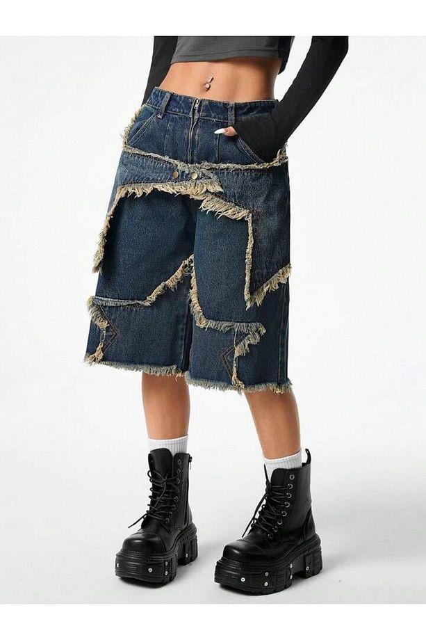 Stars Patch Detaylı Kot Pantolon Kadın Şort - 3