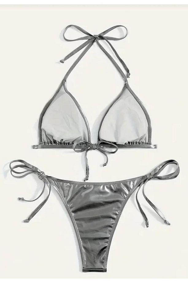 Seksi Polyester Yüksek Esneklikli Düz Renk Kolsuz Bikini Setleri, Konvansiyonel Alt, Örgü Kumaş, - 3