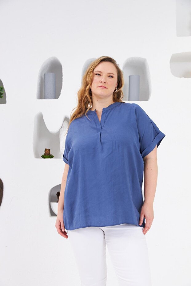 Judge Collar Large Size Blouse Indigo1