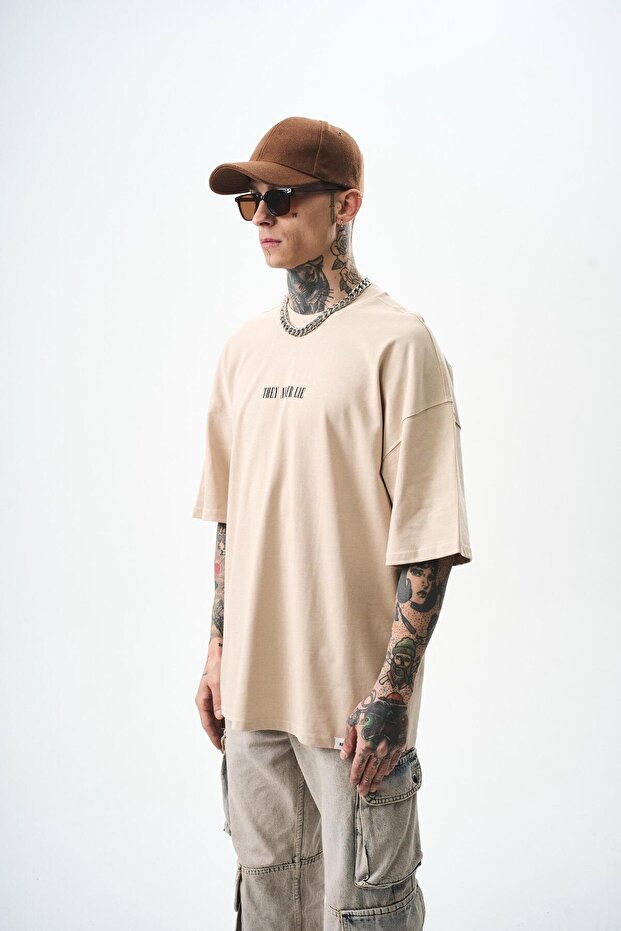 Never Lie Baskılı Tişört Bej - 3