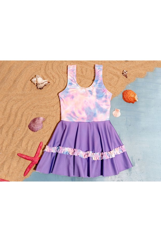 Girl's Skirted Lilac Tie-Dye Swimsuit (It Is Recommended to Buy 1 Size Larger)