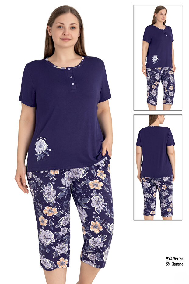 Women's Plus Size Viscose Fabric Short Sleeve Capri Suit 14673