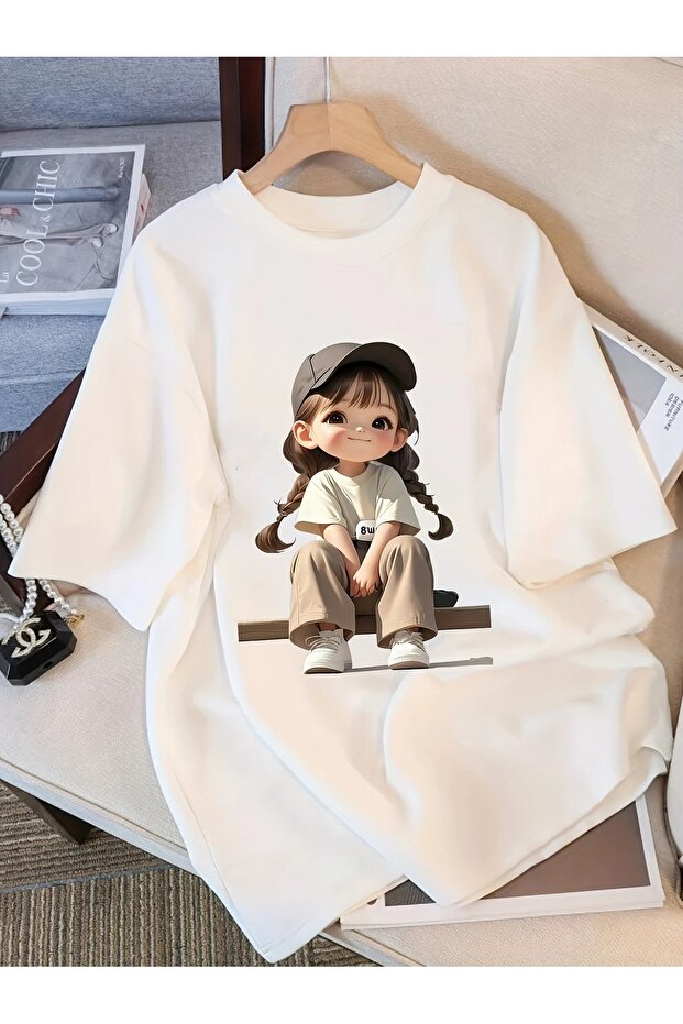 Cute Cartoon Printed Round Neck T-Shirt for Women - Short Sleeve,