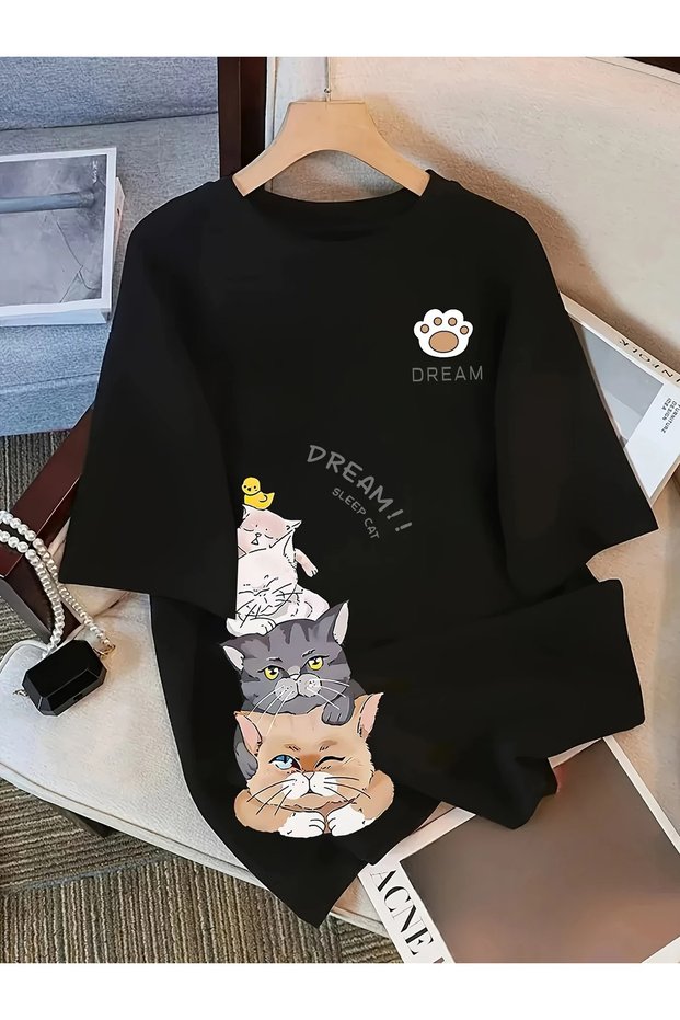 Women's "Dream" Graphic T-Shirt - Cute Cartoon Cat and Duck Design, Soft, Sleeveless,