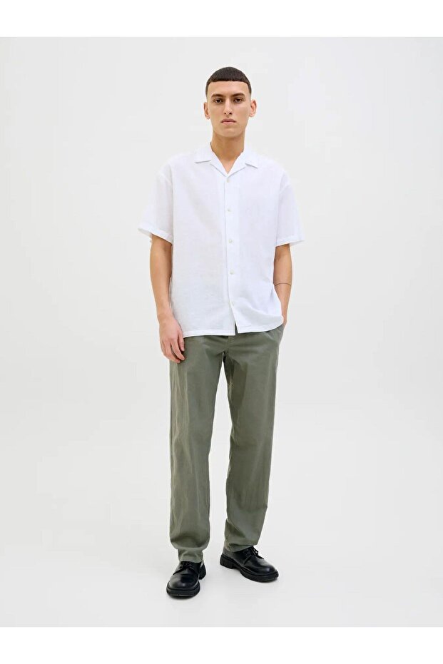 12248606 Relaxed Fit Elastic Waist Linen Jogger Men's Trousers Khaki