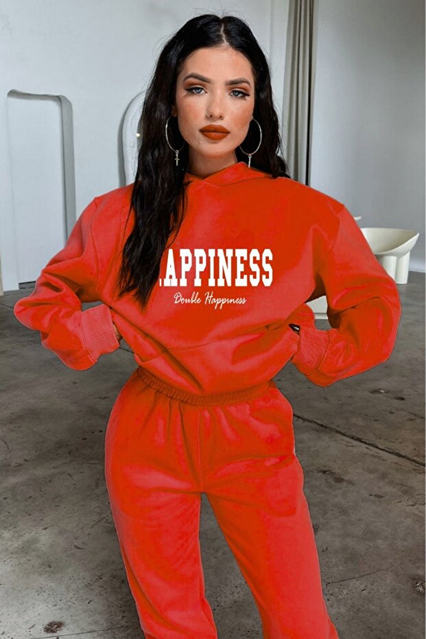 Happiness Tracksuit Set Sweatshirt Jogger - Red Printed Oversize Hooded Hooded