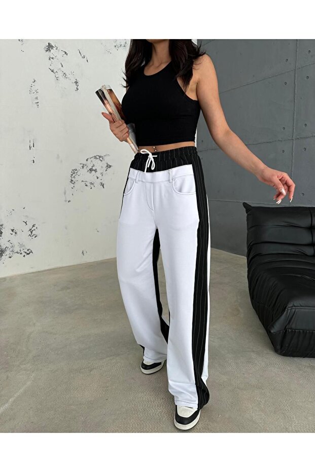Bílé pytlovité kalhoty - černý detail, proužek, elastický pas - 3