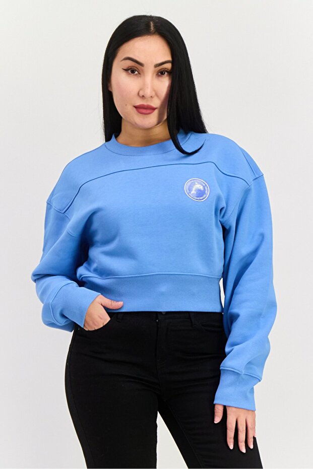 Women Crew Neck Long Sleeves Cropped Sweatshirt, Blue