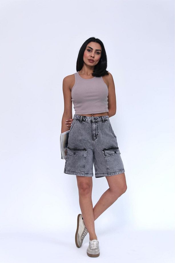 KARGO CEPLİ FÜME WASH BERMUDA ŞORT - 4