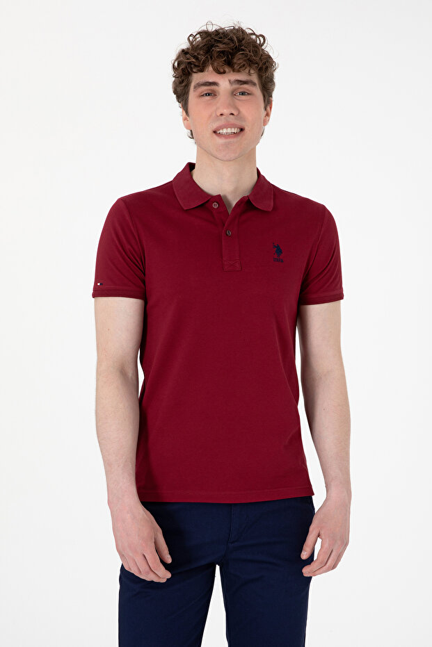 Men's Slim Fit Polo Neck Claret Red Basic T-Shirt 50298011-Vr177