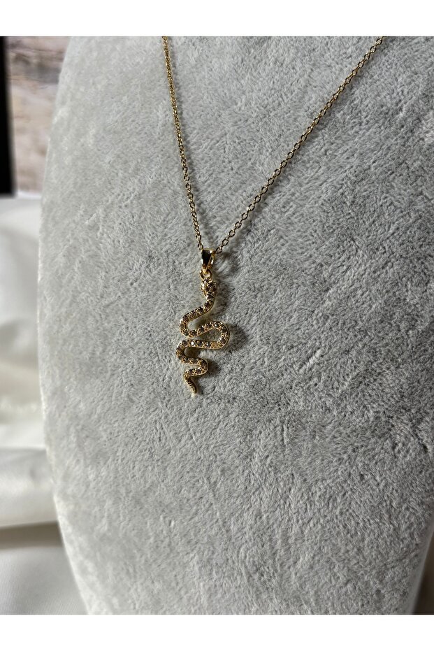 Snake Figured Zircon Stone Gold Steel Necklace