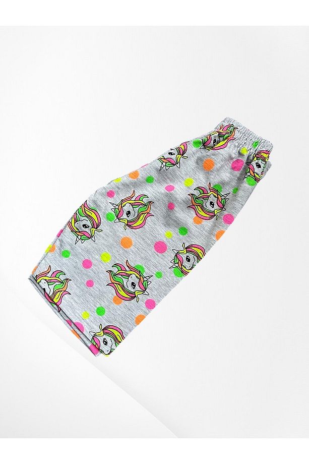 Kız Çocuk Pamuklu Gri Unicorn Desenli Kısa Kollu İnce Şortlu Yazlık Pijama Takımı - 4