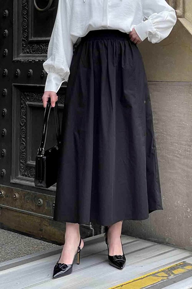 Pocket Detailed Flared Linen Skirt Black
