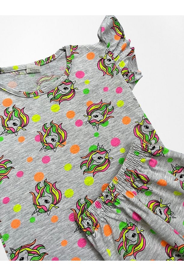 Kız Çocuk Pamuklu Gri Unicorn Desenli Kısa Kollu İnce Şortlu Yazlık Pijama Takımı - 3