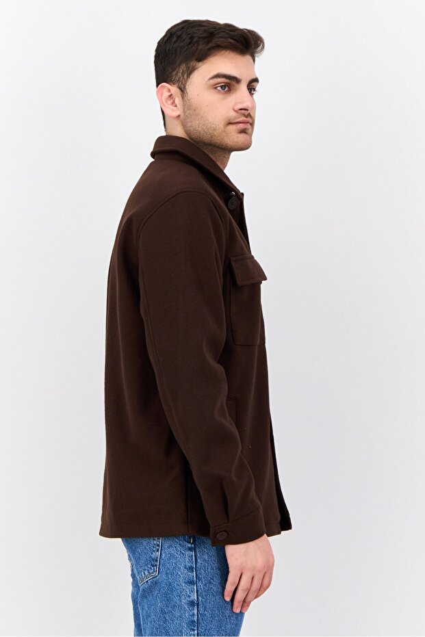 قميص رجالي سادة بأكمام طويلة، بني غامق - 2