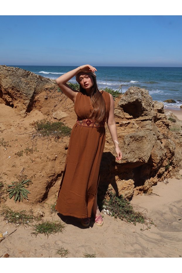 Azi̇ze Bohemian Style Muslin Dress / Brown
