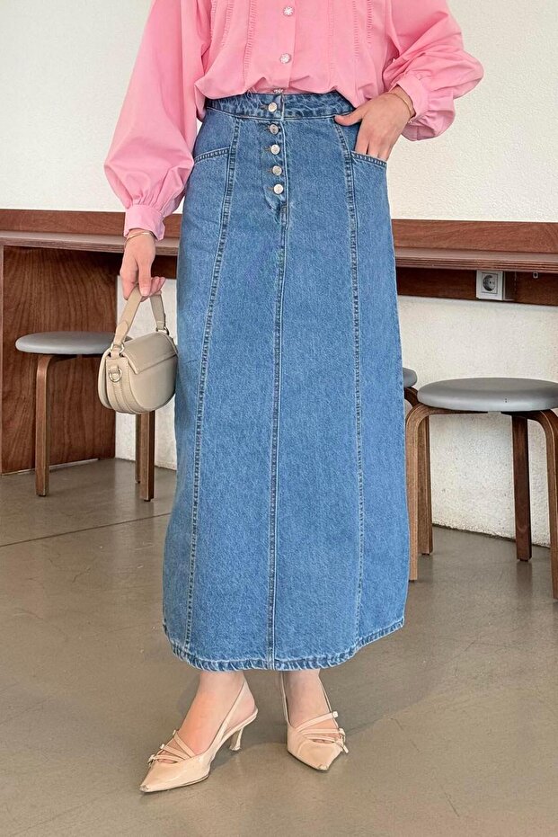 Button Detailed Cupped Hijab Denim Skirt Blue