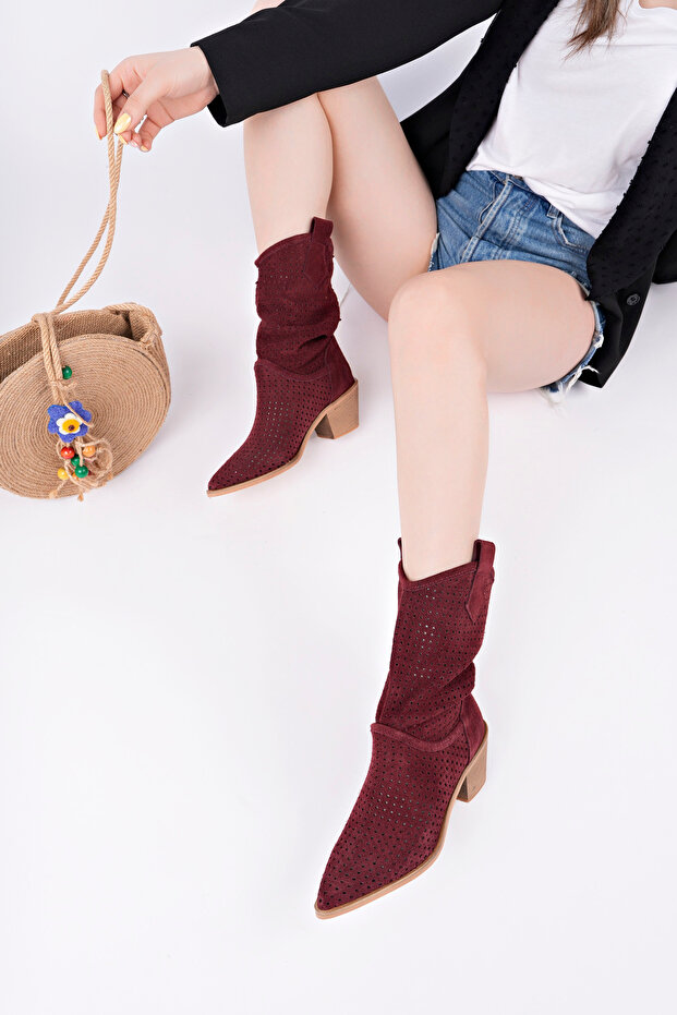 Bordó női valódi bőr stílusos napi csizma - 1