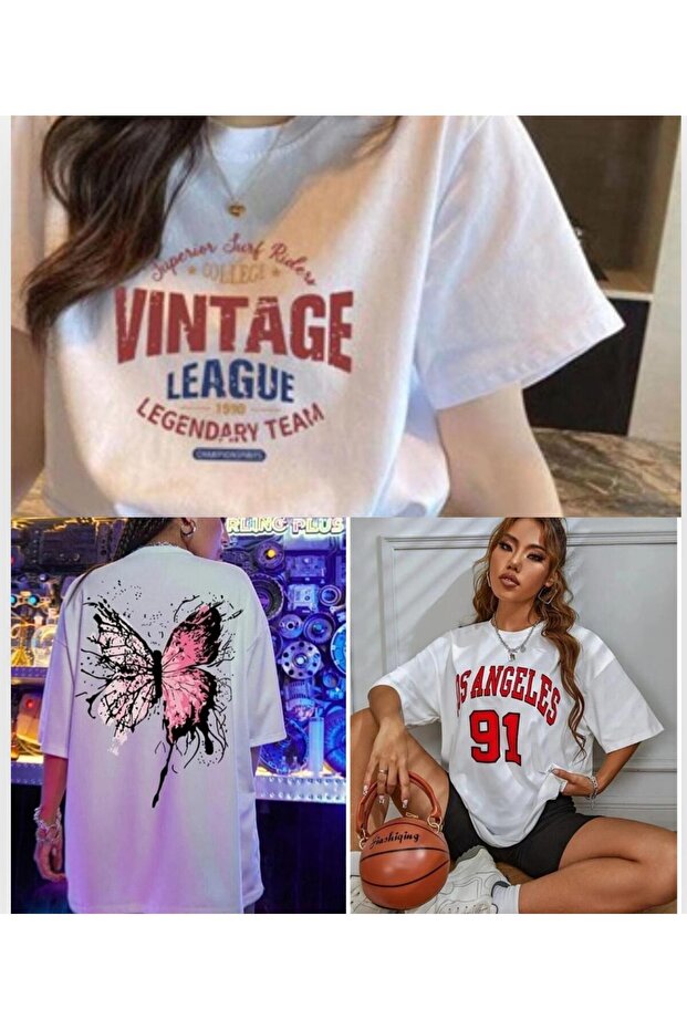 Set of 3 Women's White Basic Oversize Various Printed T-Shirts