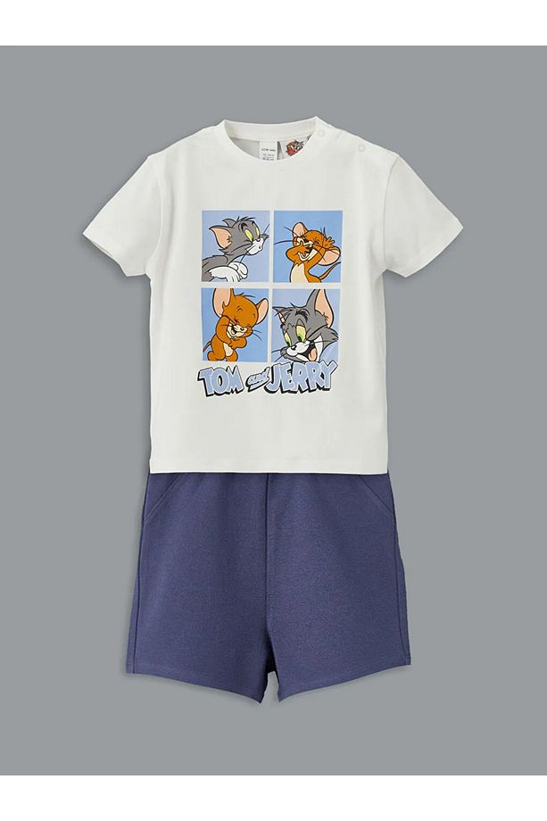 LCW baby Ekru Tom ve Jerry Baskılı Erkek Bebek Şortlu Pijama Takımı - 1